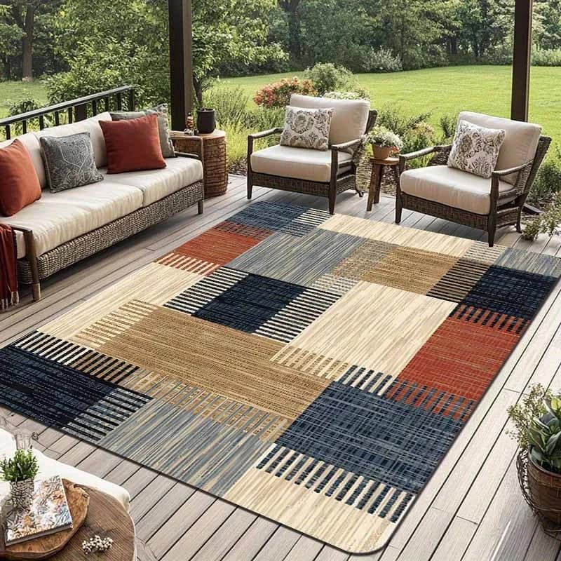 Tapis d'extérieur moderne à motifs géométriques, patchwork, multicolore, imprimé rayé, pour patio, v