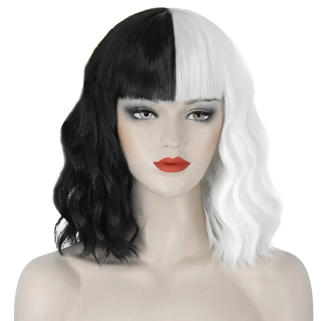 Cruella Deville-Perruque Courte Ondulée Noire et Blanche pour Femme, Costume Mignon pour ixCostumée