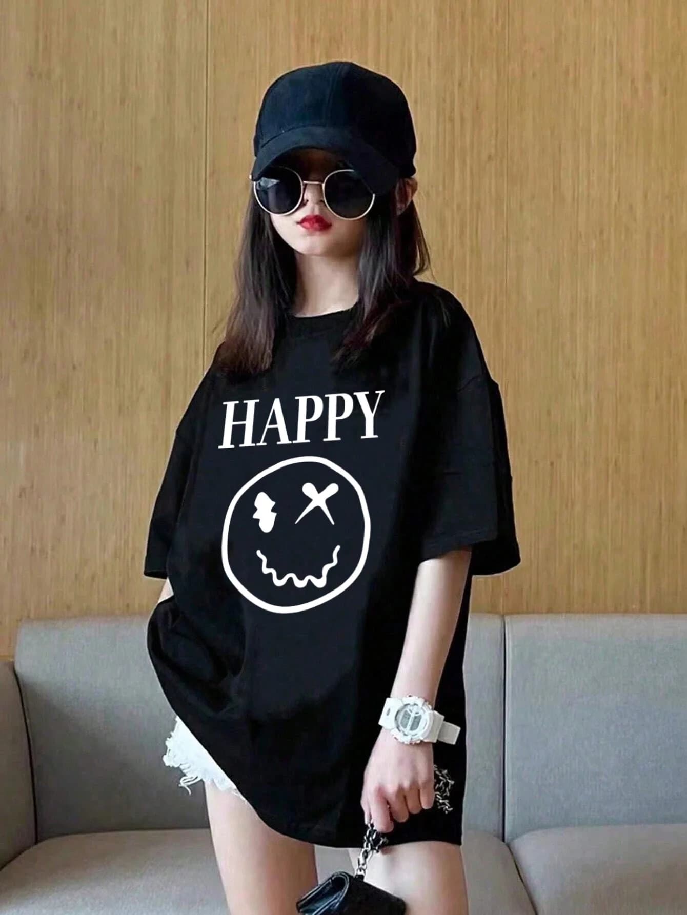 T-shirt à manches courtes imprimé visage souriant et lettre HAPPY style décontracté et polyvalent ad