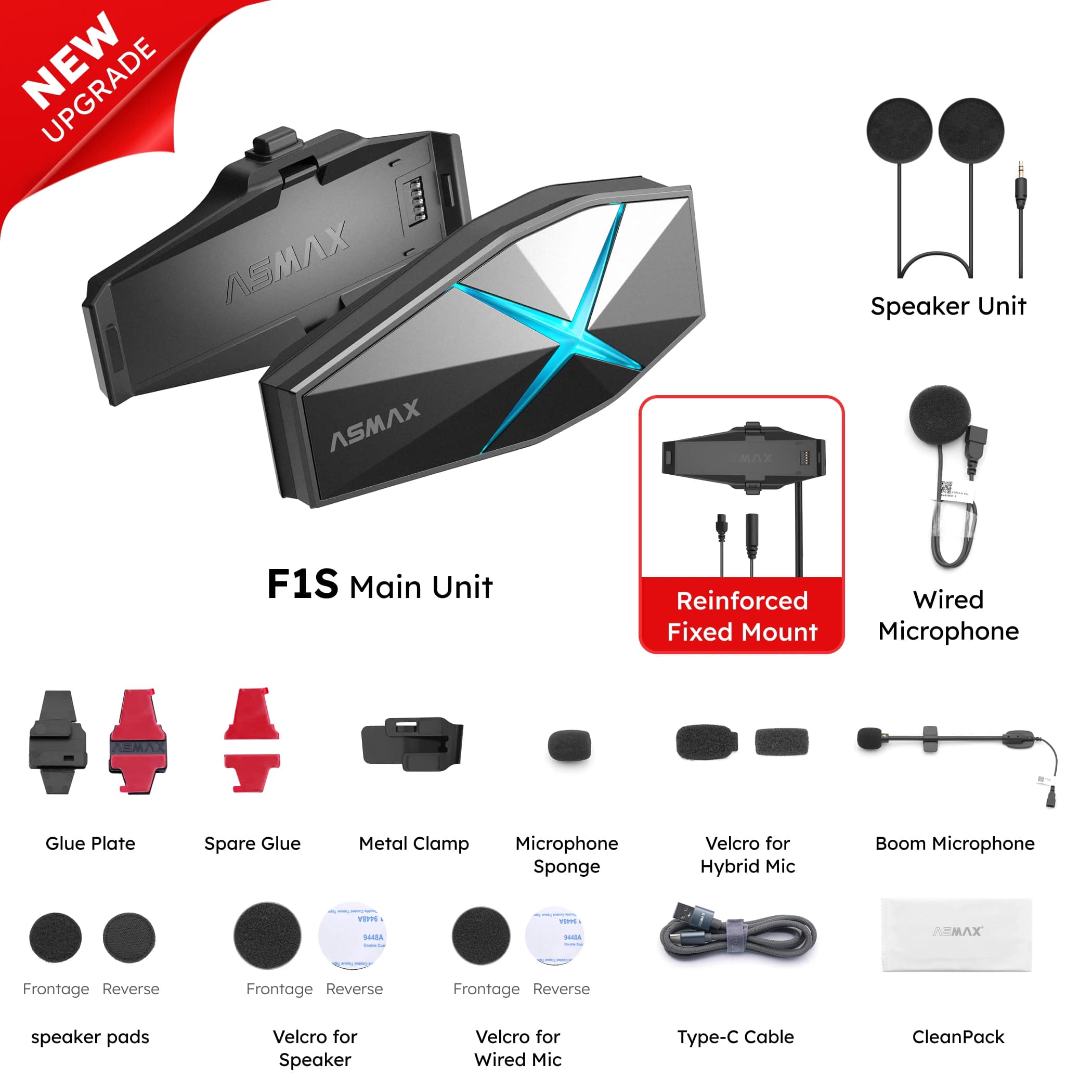 ASMAX F1S Oreillette Bluetooth sans fil pour moto, Interphone moto casque communication pour 10 cour