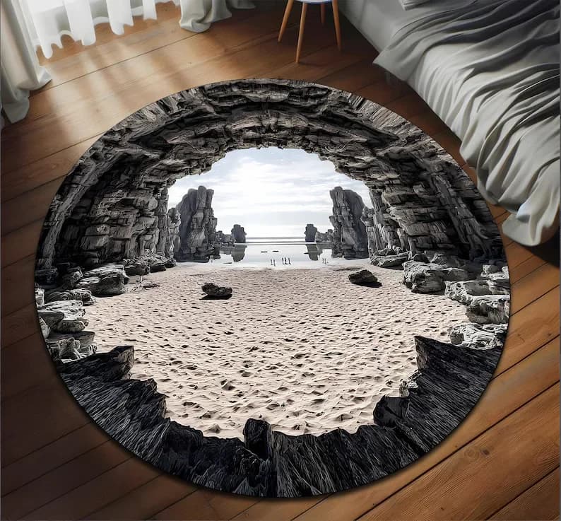 Tapis de plage rond effet 3D Illusion de Plage, Tapis de sol Paysage Marin Arche de Pierre, Tapis de
