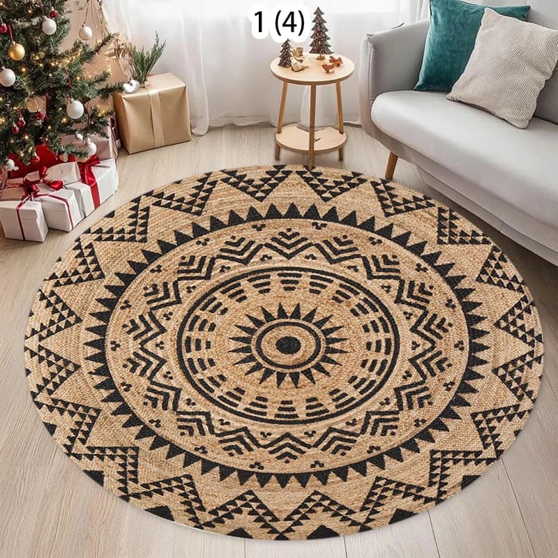 Tapis rond tissé à motif géométrique, style ethnique, antidérapant et durable, pour salon, chambre à