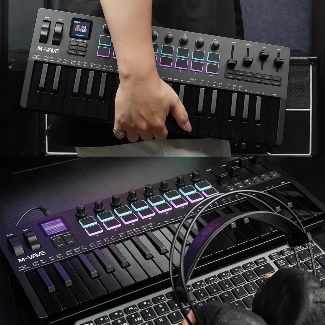 M-VAVE SMK-37 PRO contrôleur MIDI 37 touches noir 16 tampons rvb 8 boutons synthétiseur intégré clav