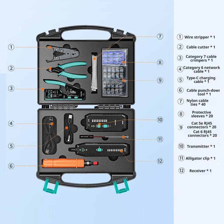 SAMZHE 12 en 1 Kit d'outils réseau Boîte à outils d'entretien d'ordinateur Ethernet portable profess