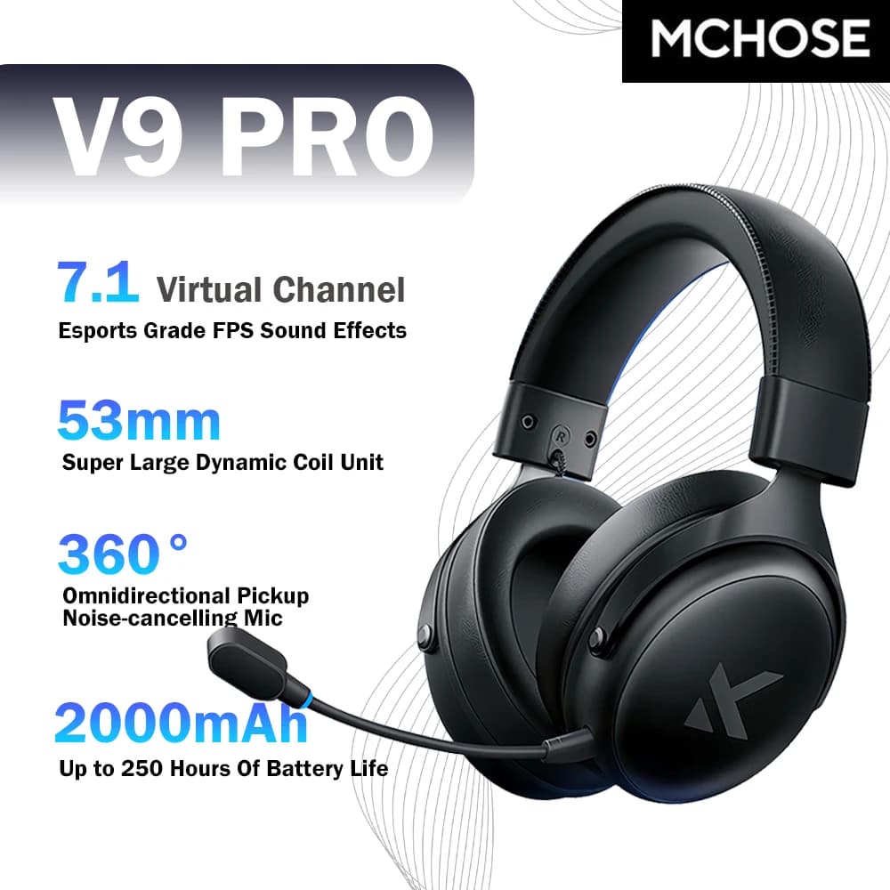 Casque de jeu sans fil MCHOSE V9 Pro, son surround 7.1 canaux tri-mode, casques d'e-sport avec micro