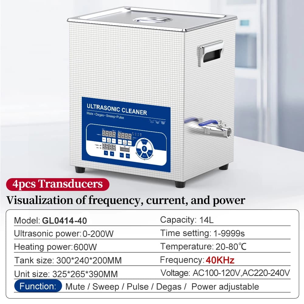 Nettoyeur Ultraosnique de Laboratoire à Haute Efficacité, Option 28/40/80/120KHz, 14l, 200W, Balayag