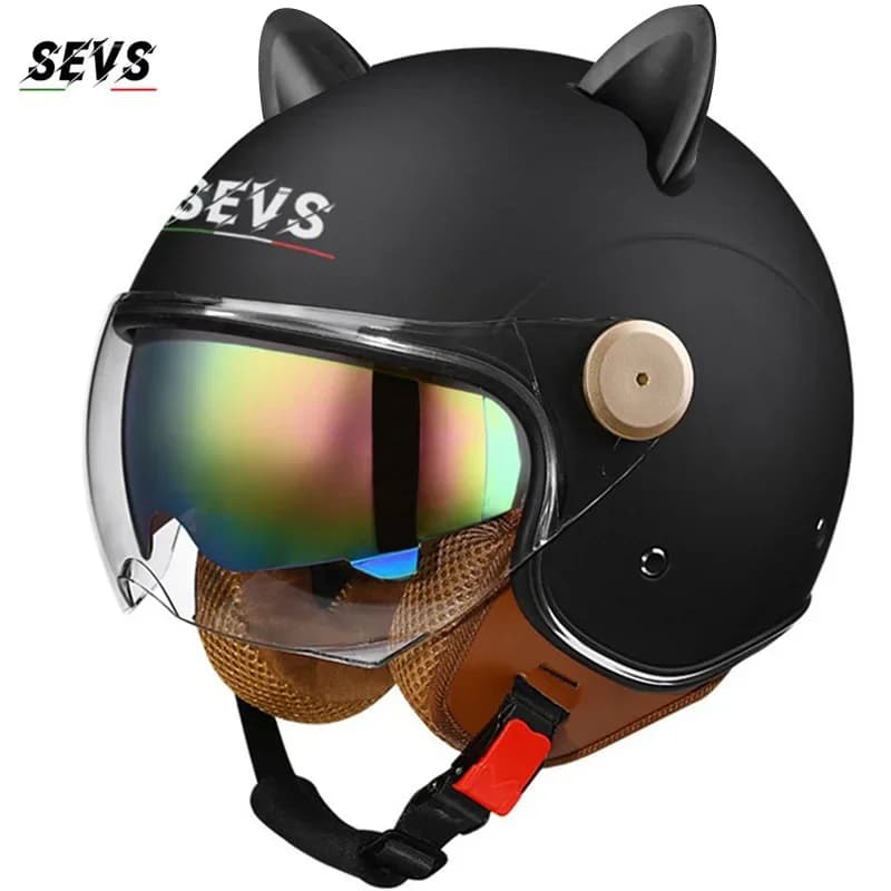 Casque de moto Vintage Cat Ear, demi-casque rétro à double visière pour femmes et hommes, certifié 3