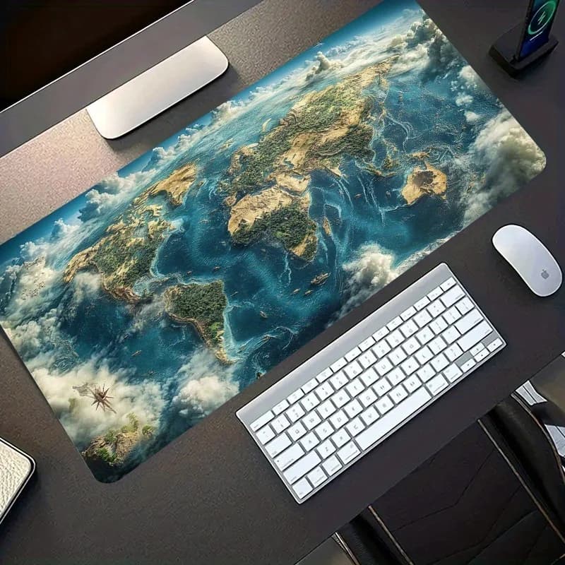 Grand tapis de souris de jeu avec un design de carte du monde 3D de style aventure, doté d'une base 