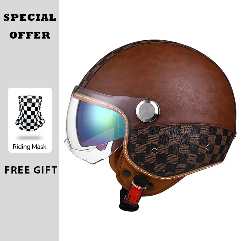 Casque ouvert casques de moto en cuir Vintage Double visière DOT approuvé rétro 3/4 Jet demi-casque 