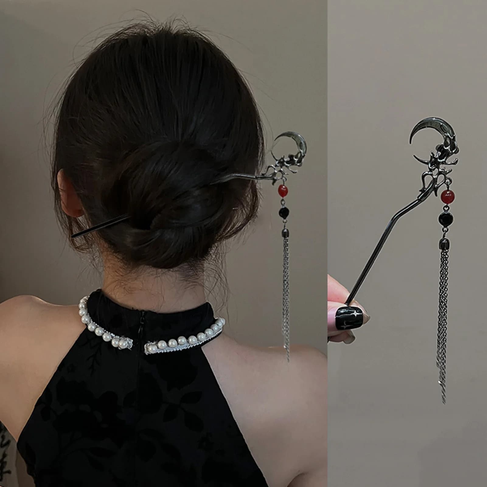 Épingle à cheveux pendentif Style gothique pour femmes, bâton de cheveux avec pompon de lune en méta
