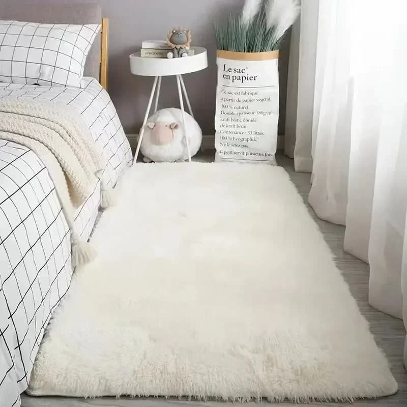 Tapis moelleux en peau de mouton blanc crème, en laine de soie, pour décoration de chambre à coucher