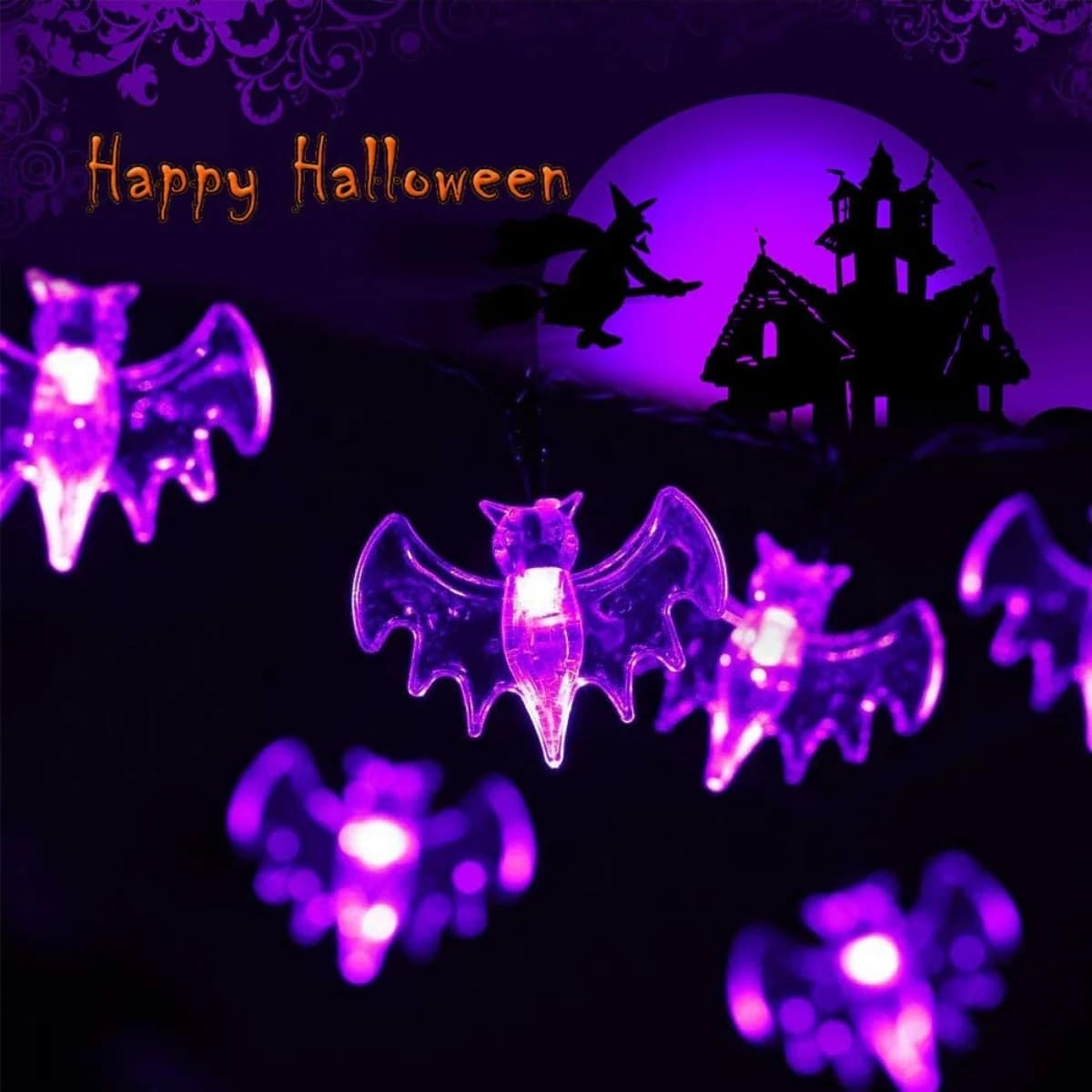 Guirlande lumineuse chauve-souris violette à 10/20/30 LED, fonctionne à piles, lampe décorative susp