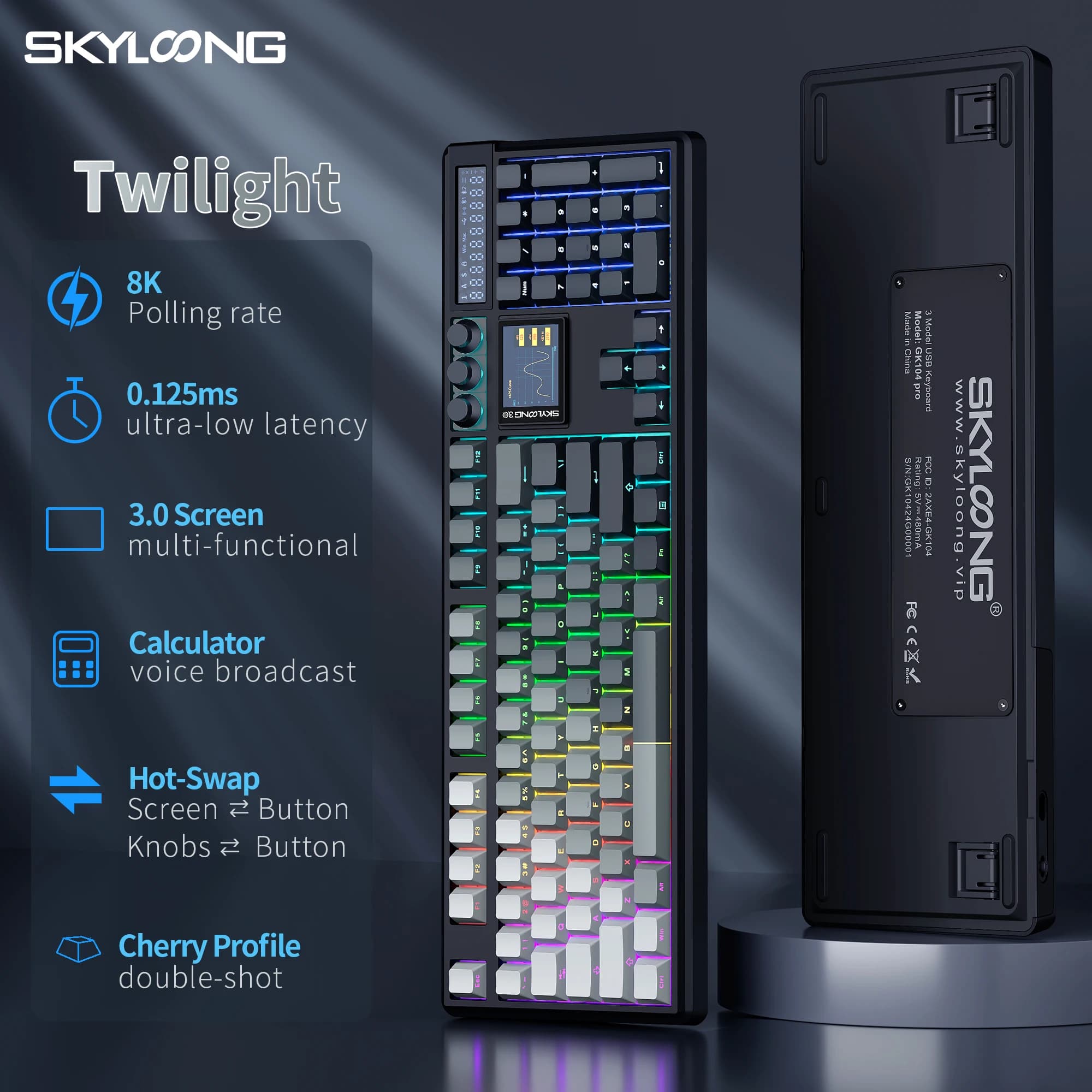 SKYLOONG GK104 Pro Clavier mécanique sans fil, clavier 100 % personnalisé, rétroéclairage RGB, touch