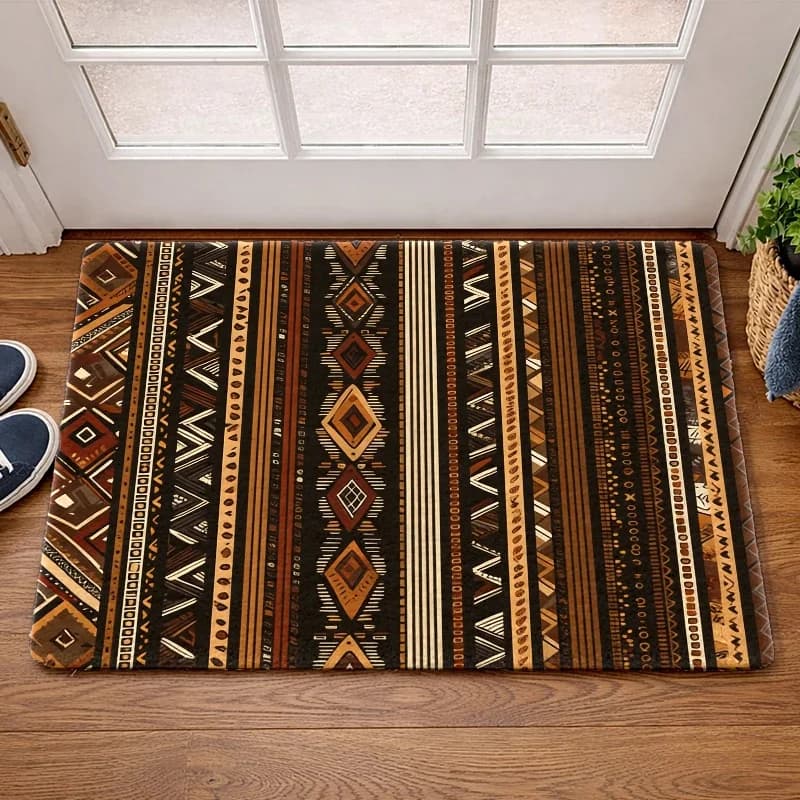 Paillasson Bohème à Rayures Tribales, Motif Géométrique Vertical Marron Vintage, Tapis d'Entrée Styl