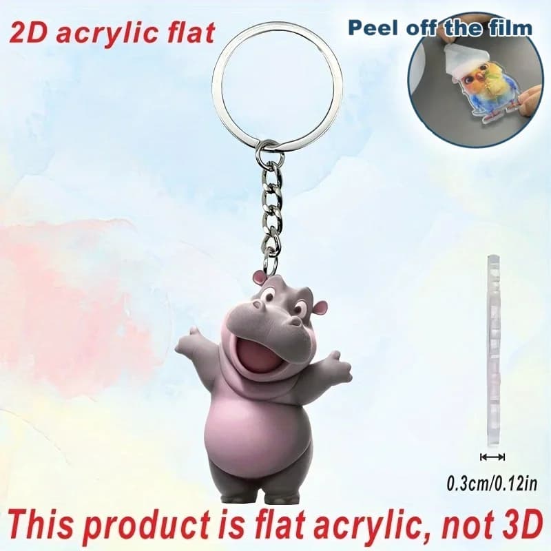 Porte-clés Hippopotame 2D Mignon, Pendentif Animal Plat en Acrylique pour Sacs à Dos, Cadeau Festif 