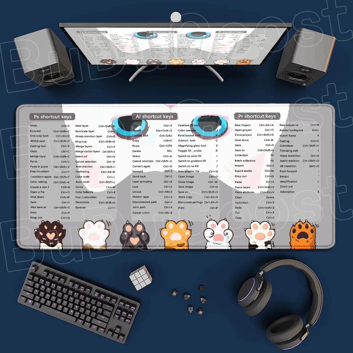 Tapis de souris avec raccourcis clavier en anglais PS AI PR, tapis de clavier complet pour ordinateu