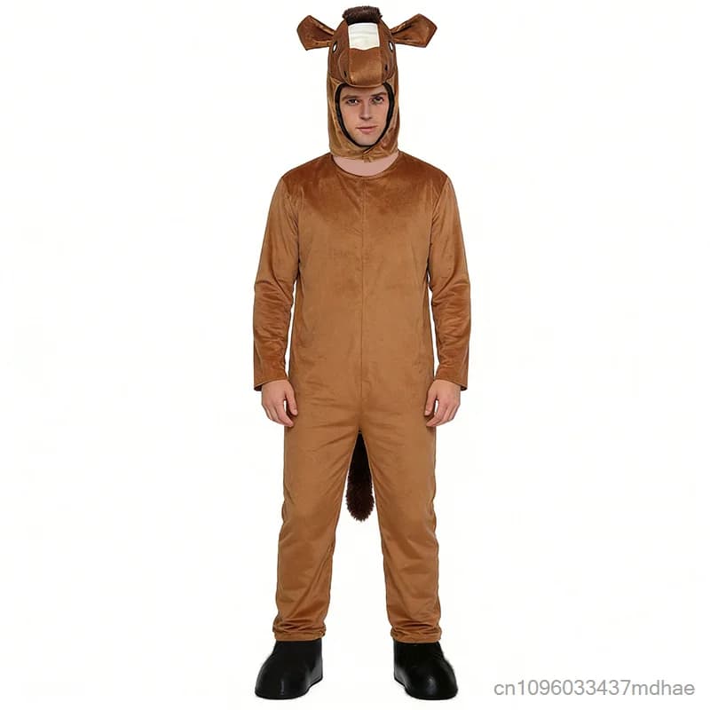 Combinaison de cheval marron pour adulte avec capuche, déguisement de fête, costume amusant sur le t