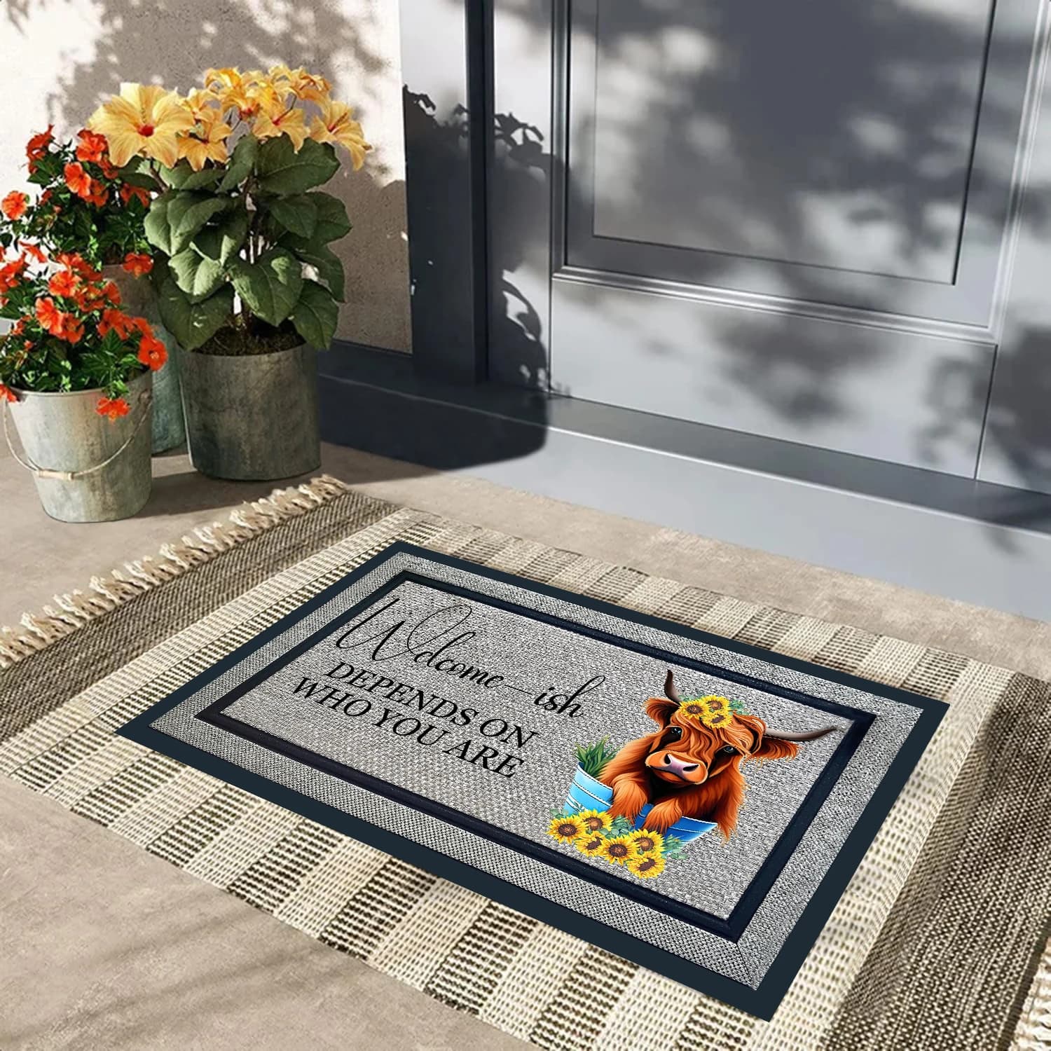 Paillasson drôle de vache des Highlands - Bienvenue Ish dépend de qui vous êtes - Tapis de bienvenue