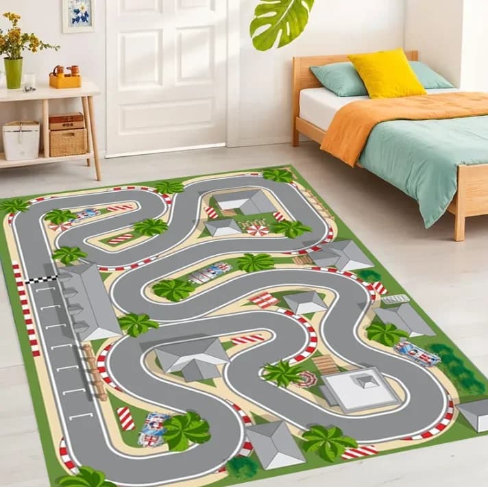 Tapis de chambre d'enfant lavable au design de piste de course Tapis de jeu amusant pour garçons et 
