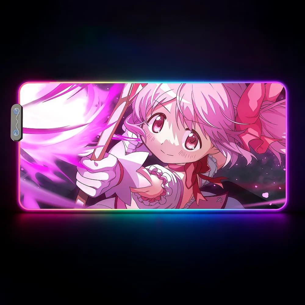 Tapis de souris Anime Cartoon Madoka Magica, tapis de jeu LED RGB, pour chambre à coucher, bureau, a