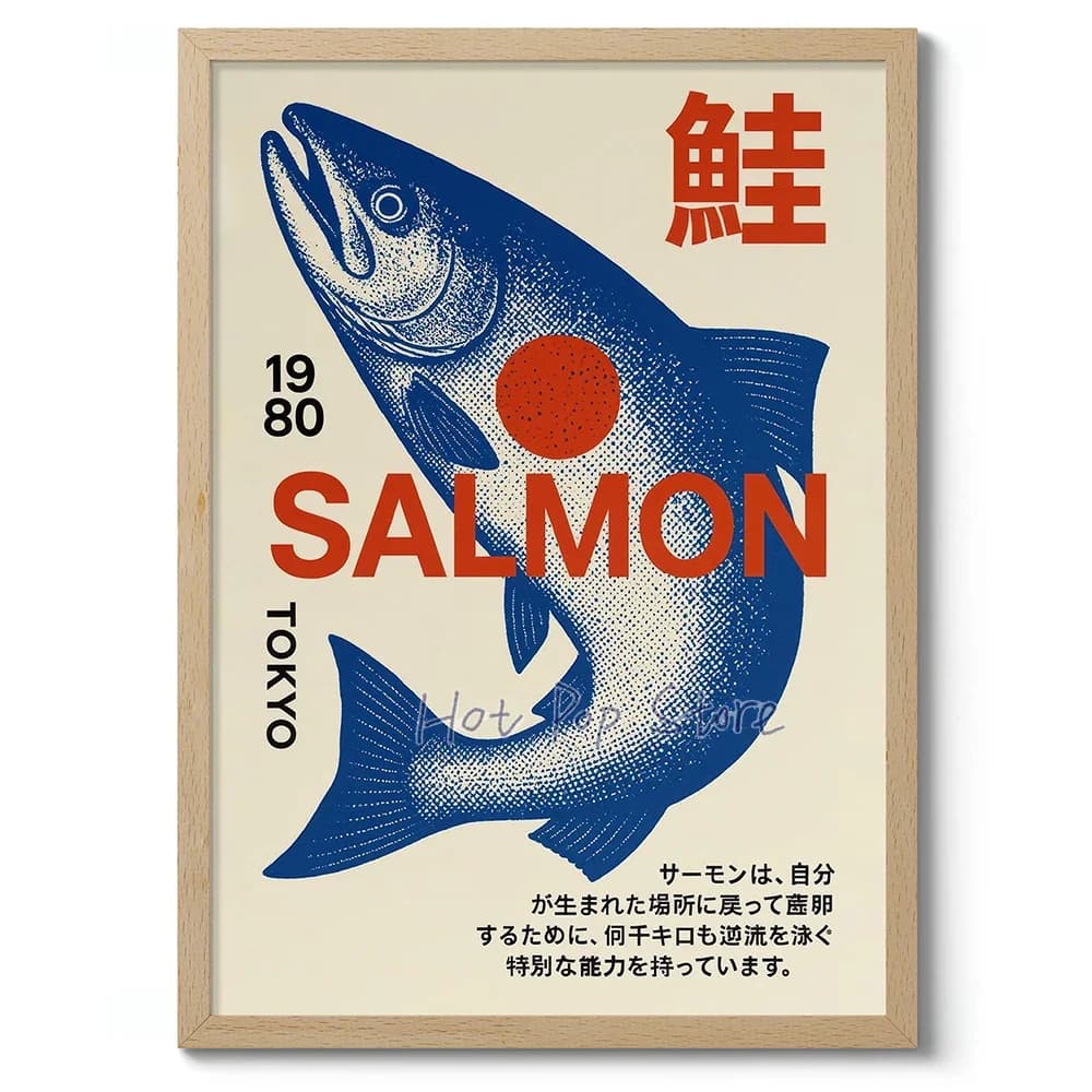 Affiche murale avec exposition graphique japonaise de saumon de Tokyo, affiche de poisson Sushi 1980