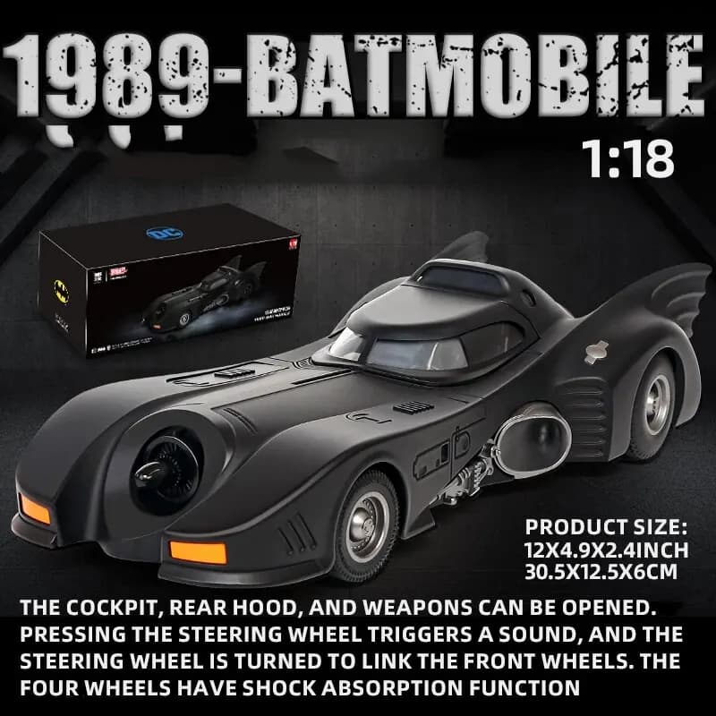 1:18 1989 Batmobile Die-cast voiture avec figurine Batman, jouets pour enfants et adultes, noir