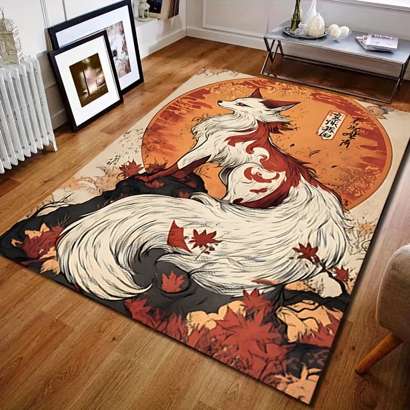 Tapis en velours et flanelle imprimé Fox Spirit, tapis décoratif au design mythique, décoration de s
