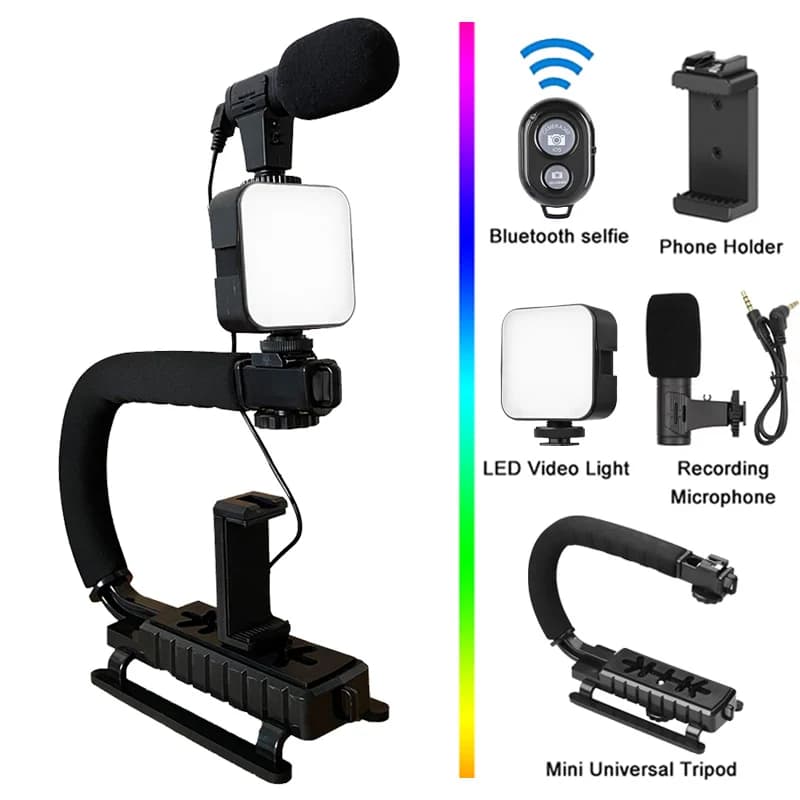 Kit universel de stabilisateur de support Vlog portatif pour photographie et vidéo, lumière LED, Mic