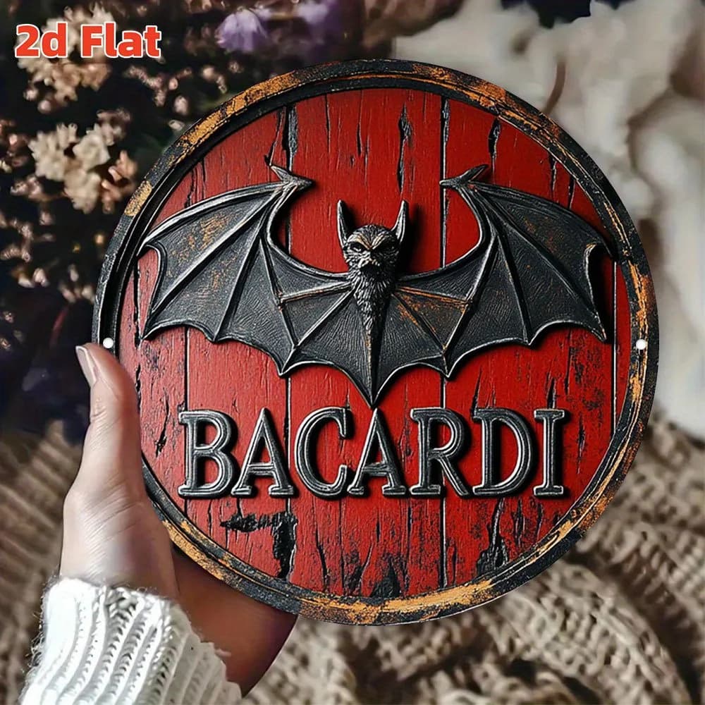 Panneau rond en métal vintage Bacardi Rum avec logo chauve-souris, décoration murale en métal effet 