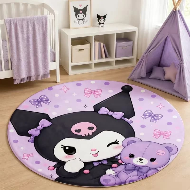 Tapis rond à pois Sanrio Kuromi, tapis circulaire mignon avec personnage d'anime Sanrio, tapis antid