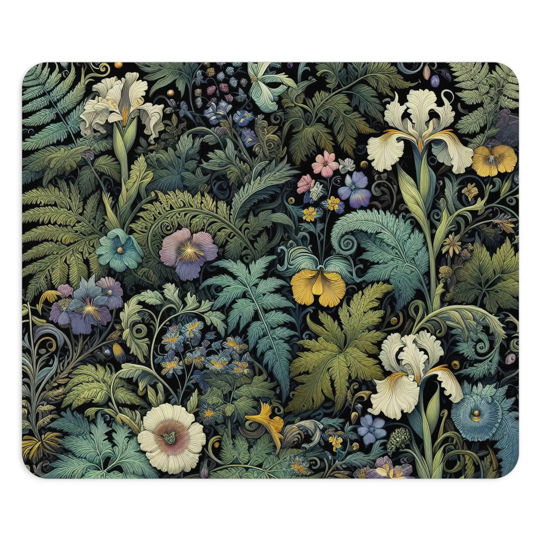 Tapis de souris botanique foncé, fleurs sauvages, fougères, rond ou rectangulaire, inspiré de Morris
