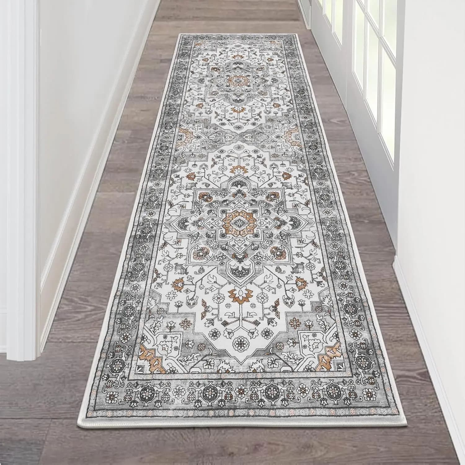 Tapis gris style palais VIKAMA, durable et résistant aux taches, tapis de couloir, tapis de cuisine 