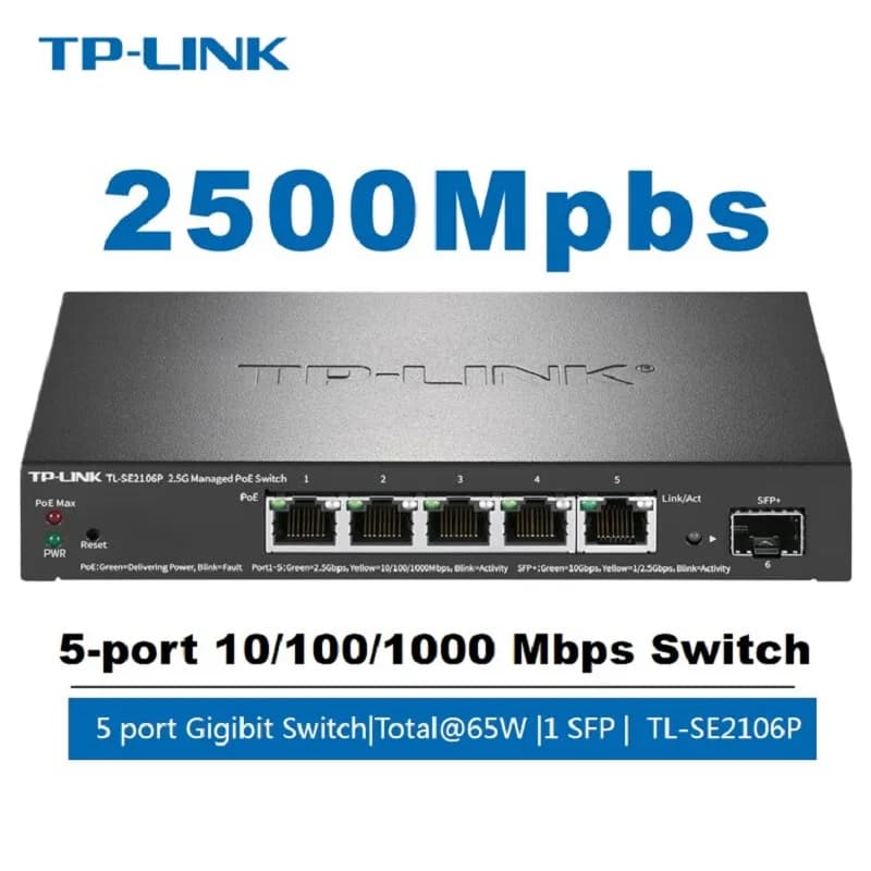 Commutateur PoE TP-LINK 6 ports 2,5 G avec 5 ports RJ45 2,5 Gbps à 115 W et 1 port SFP+ Uplink 10 Gb