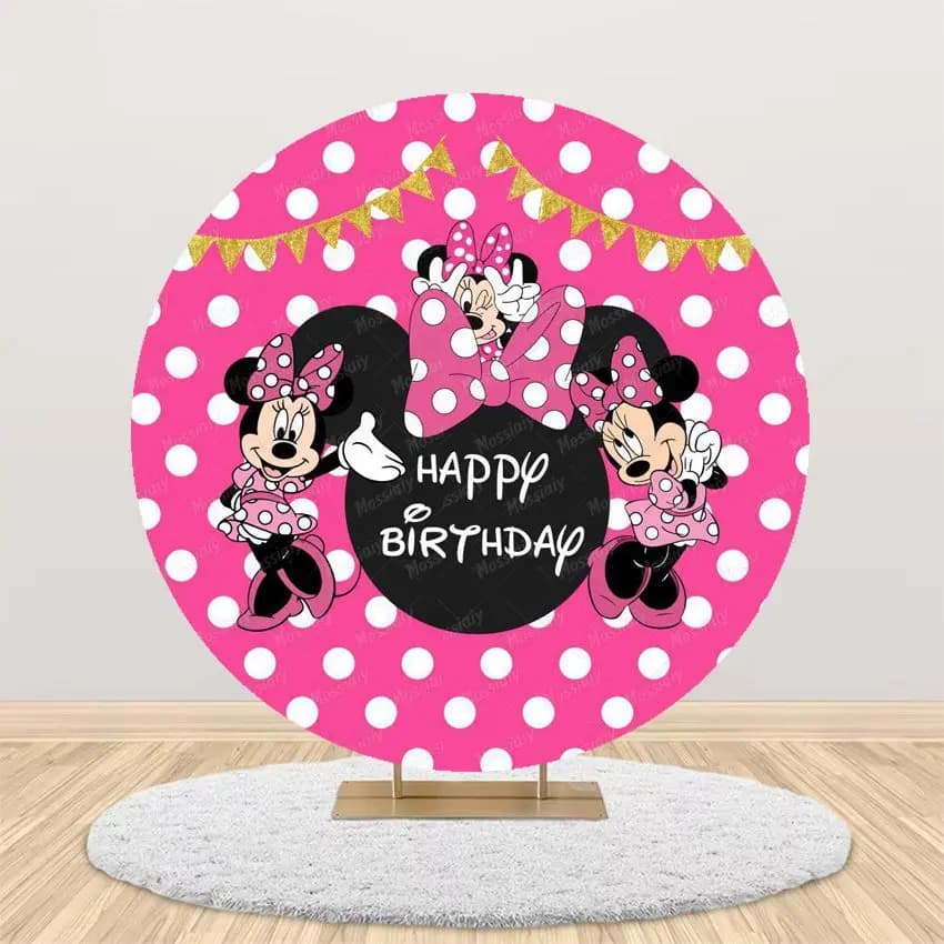 Fond de photographie rond Minnie Mouse de dessin animé, décoration de fête prénatale, fête d'anniver