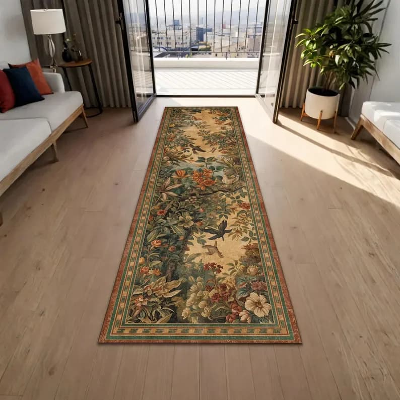 Tapis de couloir vintage à motif floral botanique et oiseaux, tapisserie florale, tapis de cuisine é
