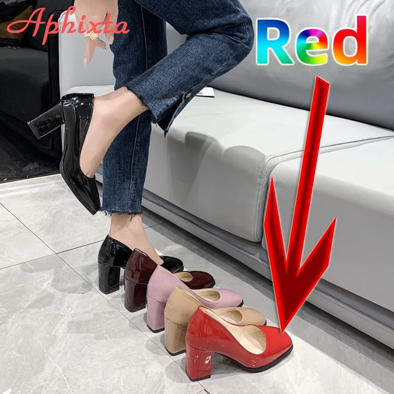 Aphixta 7.5 cm carré Tou chaussures en cuir verni femmes pompes talons épais Sapato Feminino travail