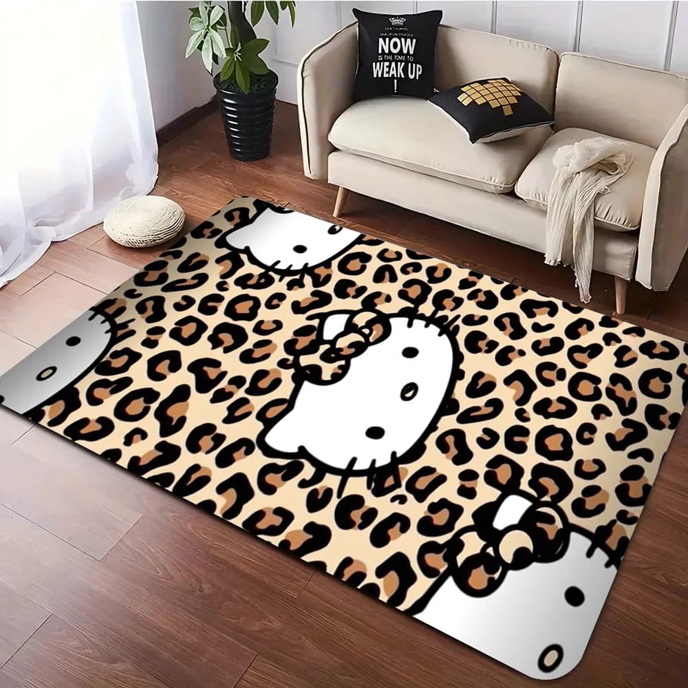 Tapis de sol antidérapant à imprimé léopard Hello Kitty, tapis de sol doux, décor rose, pour chambre