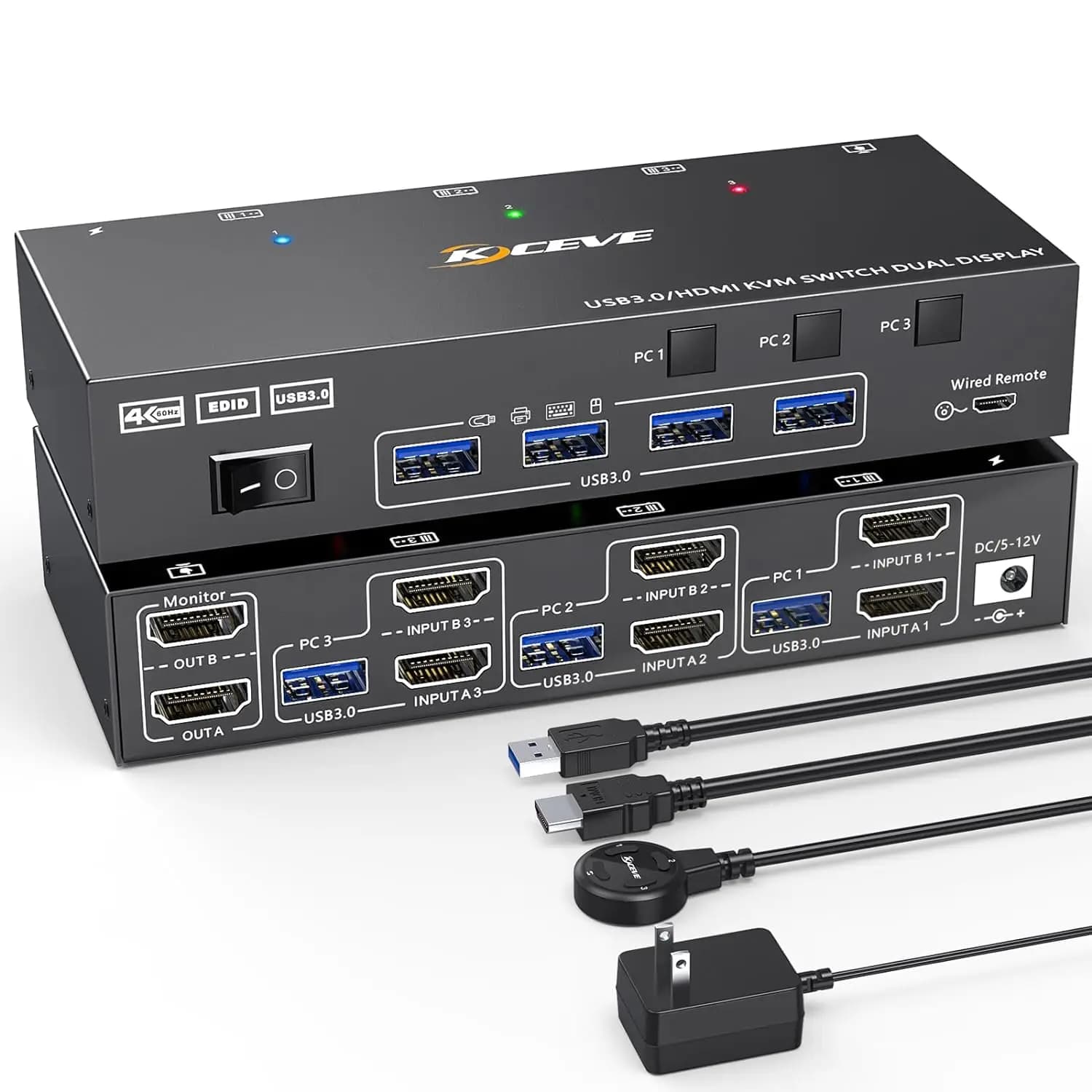 Commutateur de moniteur KVM pour touristes, USB 3.0, HDMI, 2 moniteurs, 3 aliments, émulateur EDID, 