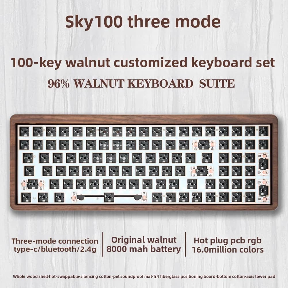 SKY PAD 100 coque en noyer à trois modes configuration 96% clavier mécanique personnalisé full-key r