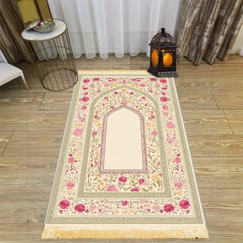 Tapis de prière musulman VIKAMA en or rose avec motif floral en forme d'arche, tapis antidérapant po
