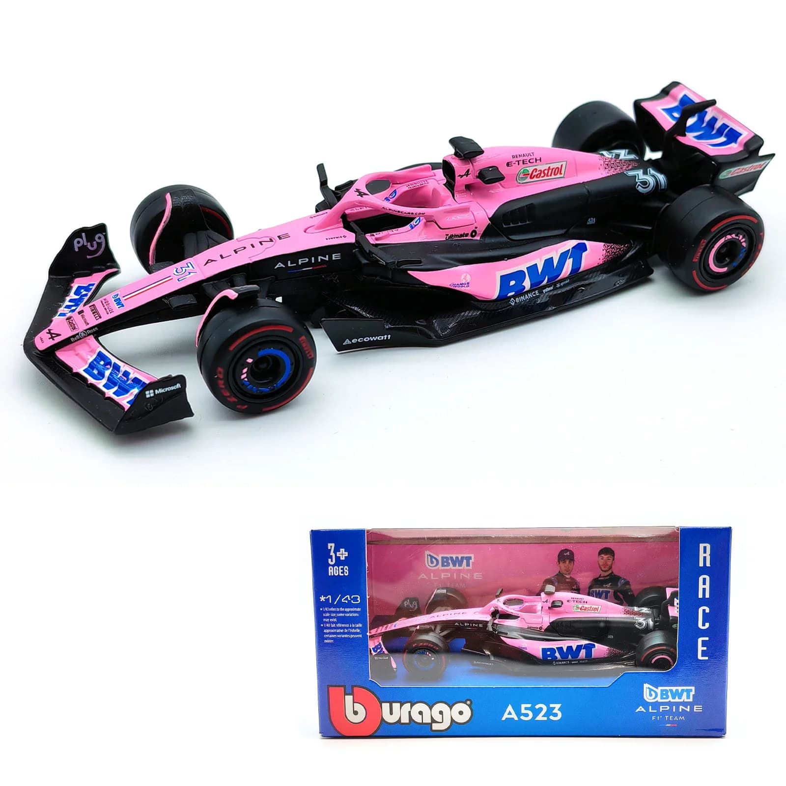 Bburago 1:43 BWT Alpine F1 Team 2023 A523 Bahrain # 10 # 31 formule de course rose/plate, Simulation