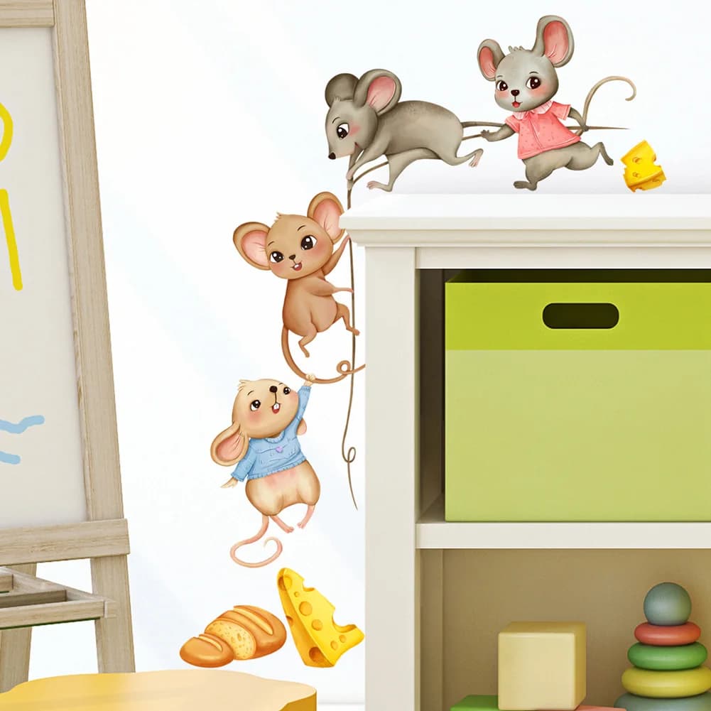 Autocollants muraux mignons de souris portant de la nourriture, décoration murale pour chambre d'enf