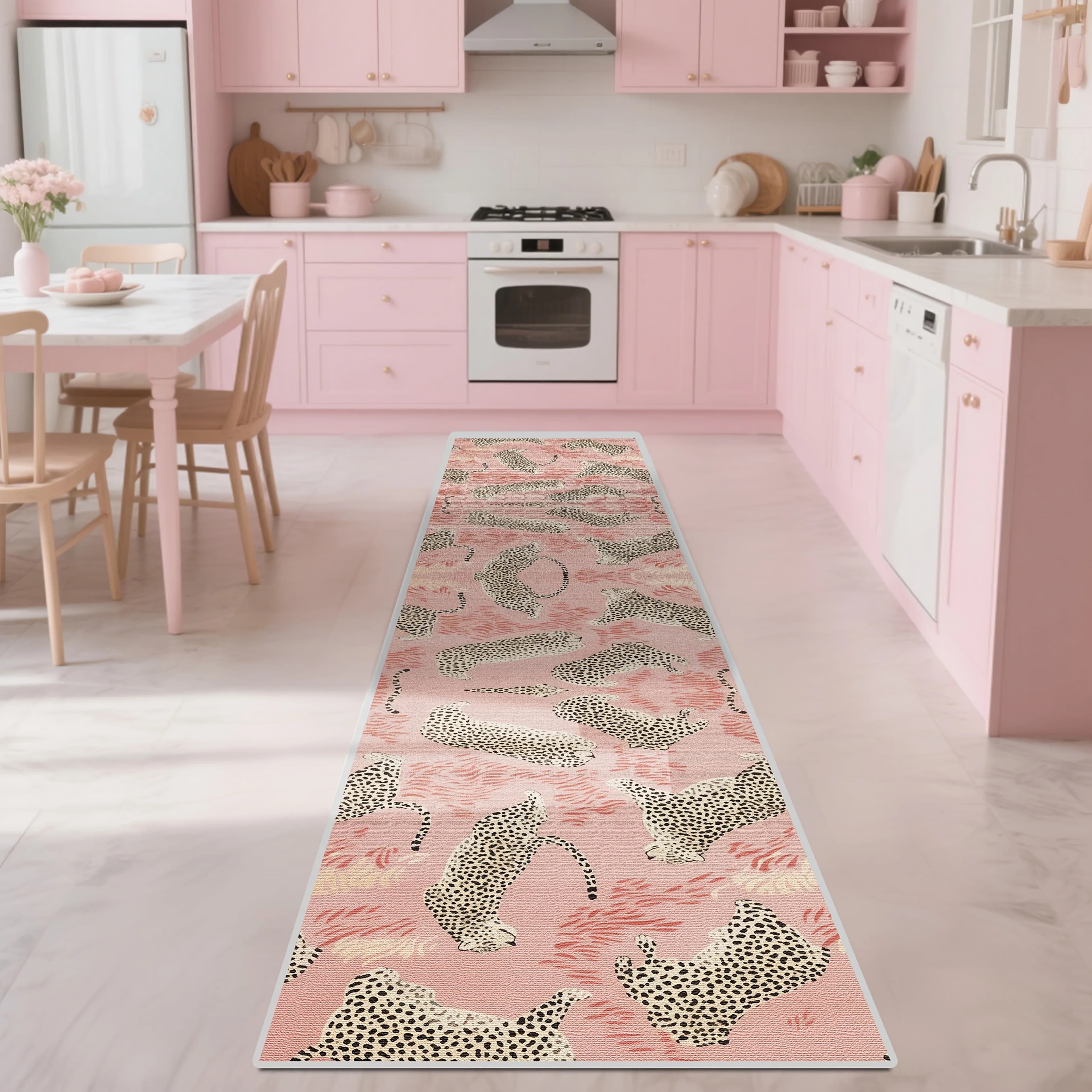 VIKAMA Tapis de couloir rose à imprimé léopard, facile d'entretien, pour entrée, chambre, cuisine et