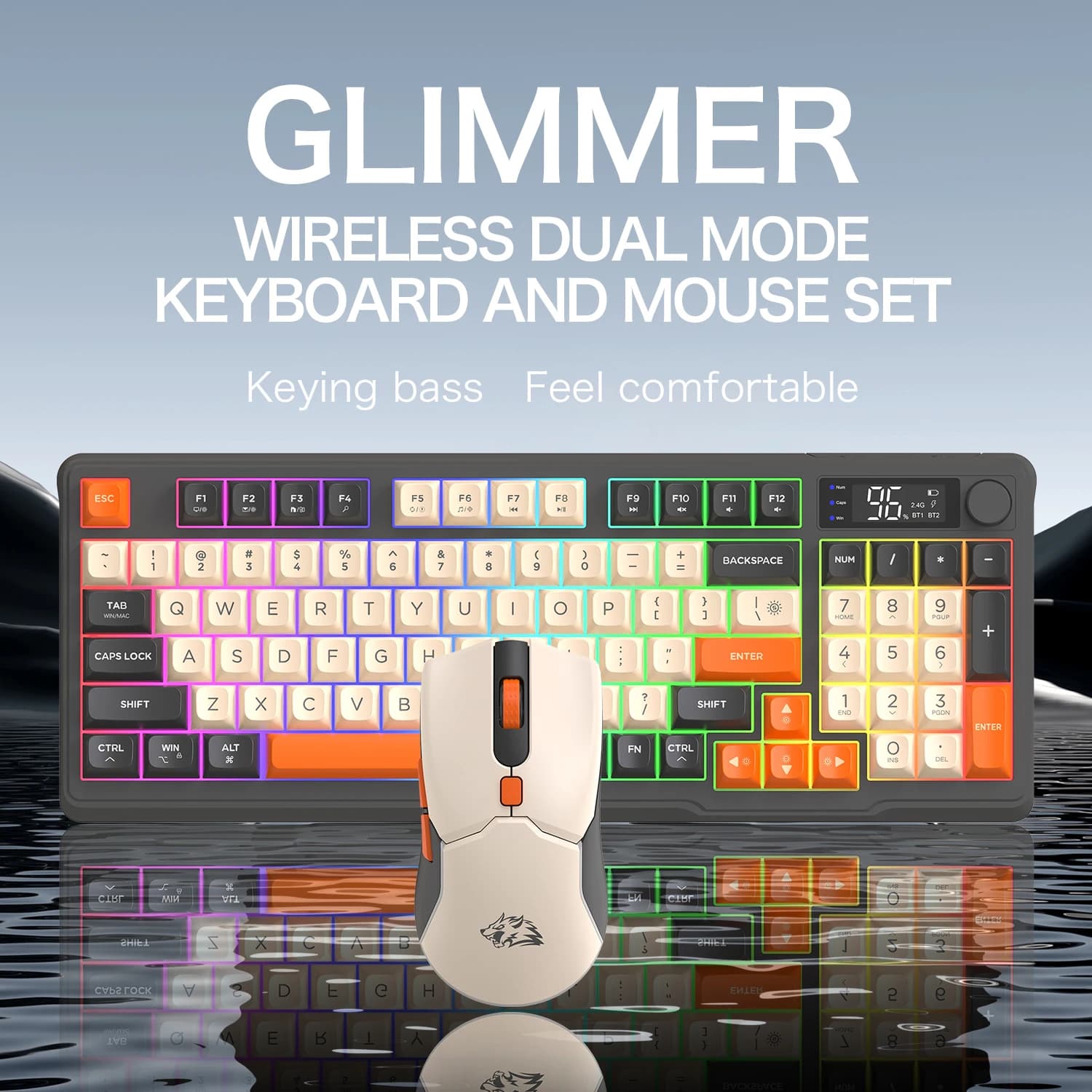Kit Clavier et Souris Sans Fil T96 Tricolore Tendance, Écran Intelligent FREEWOLF, Bouton Multifonct