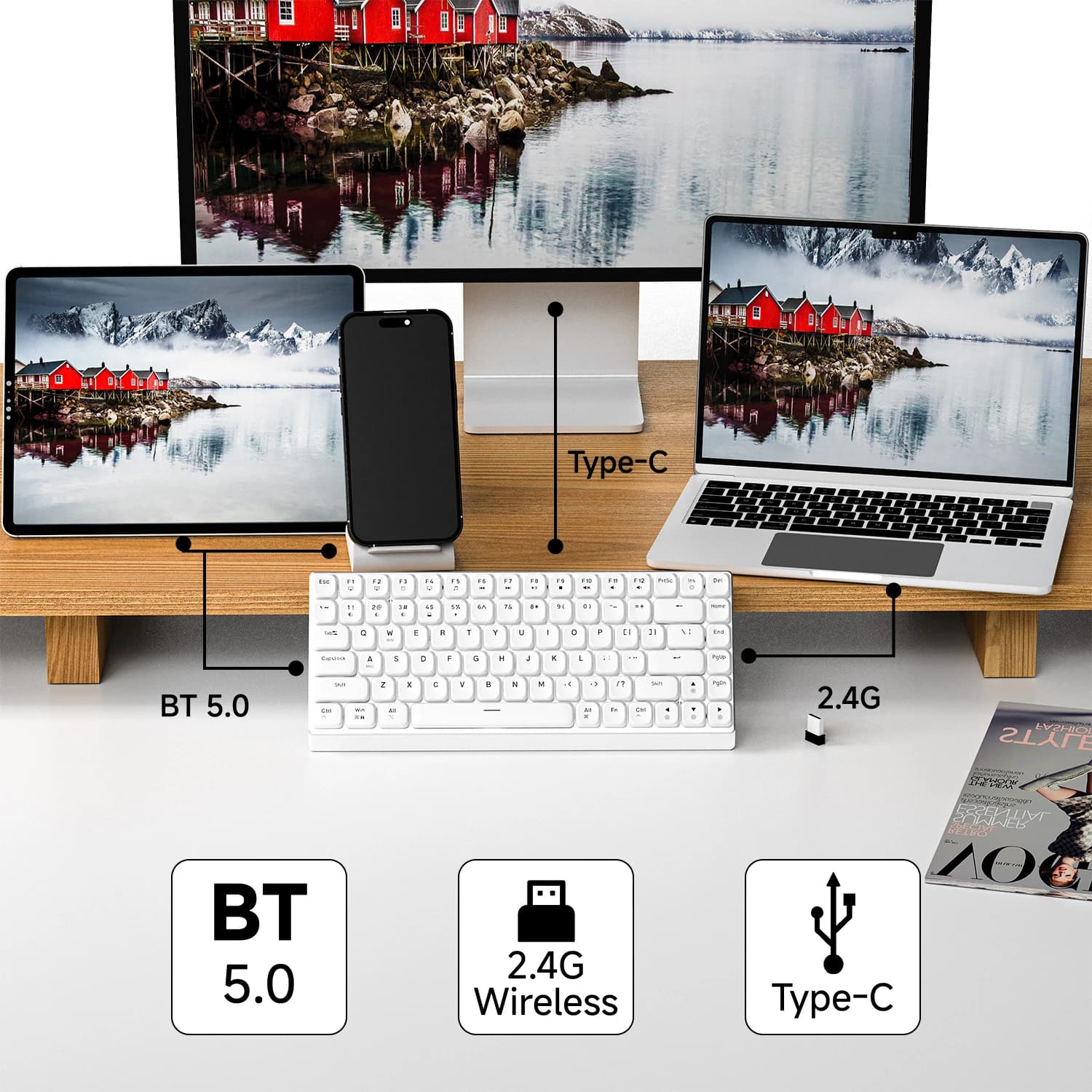 EWEADN Clavier de jeu mécanique tri-mode à profil bas 84 touches, rétroéclairage blanc, ergonomique, pour bureau et jeu, ordinateur portable/PC