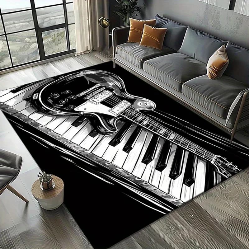 Tapis en flanelle imprimé avec motif de guitare et de piano