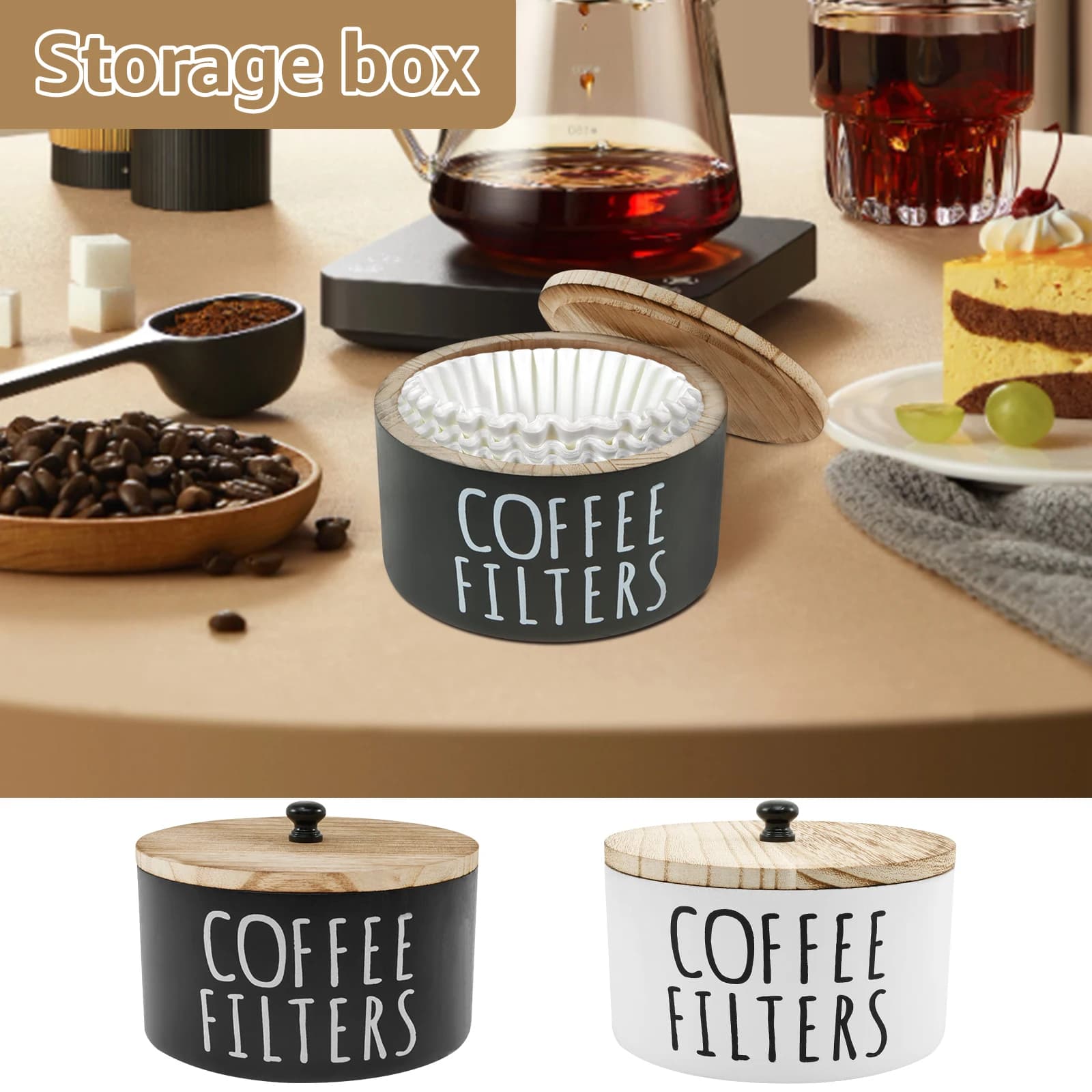 Porte-filtre à café avec couvercle, filtre à café en bois, conteneur de stockage de papier, sachet de thé, capsules, boîte de rangement de café, accessoire de café