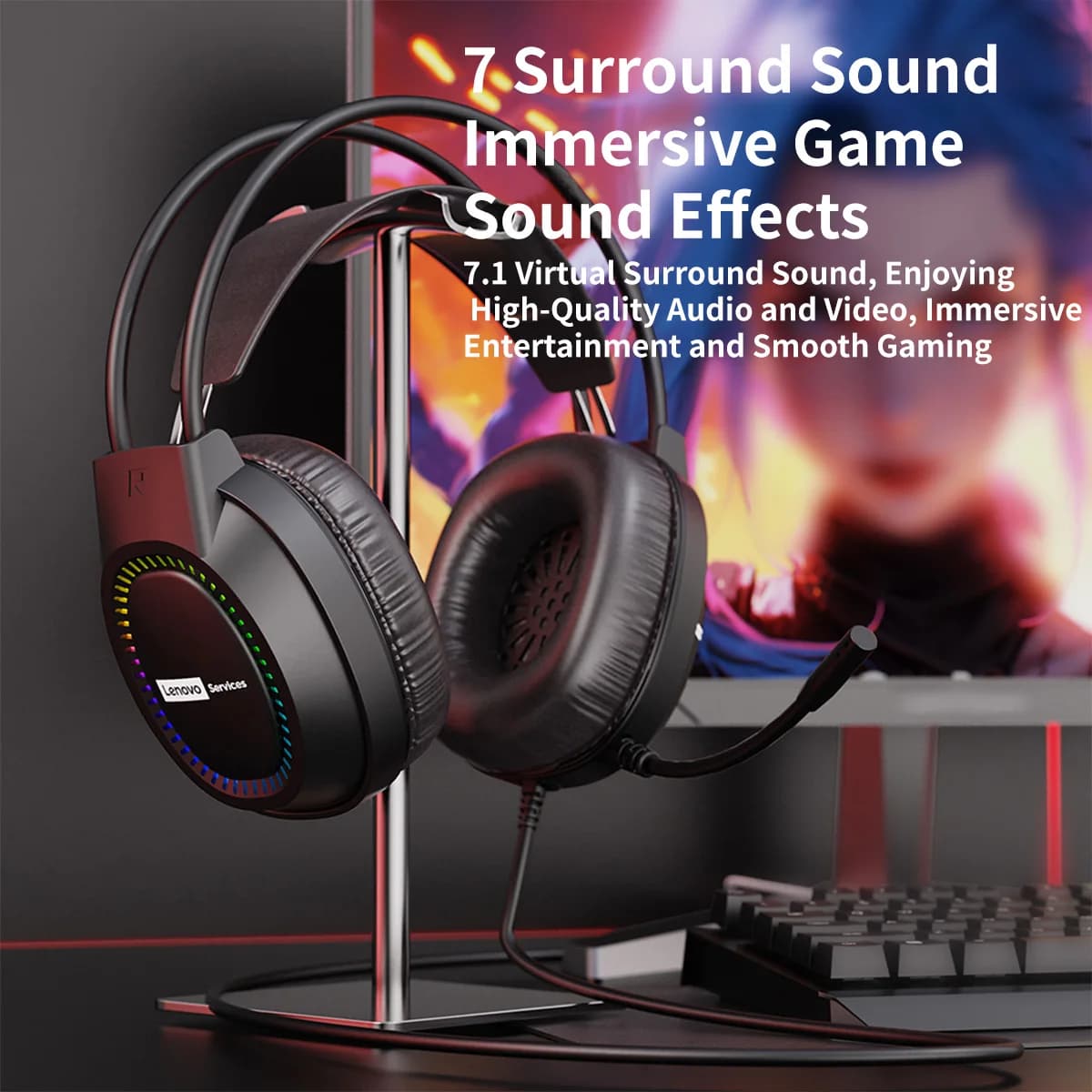 Casque de jeu Lenovo pour PC portable, circum-auriculaire, avec microphone, éclairage RGB, ajustement confortable, isolation acoustique, suppression du bruit