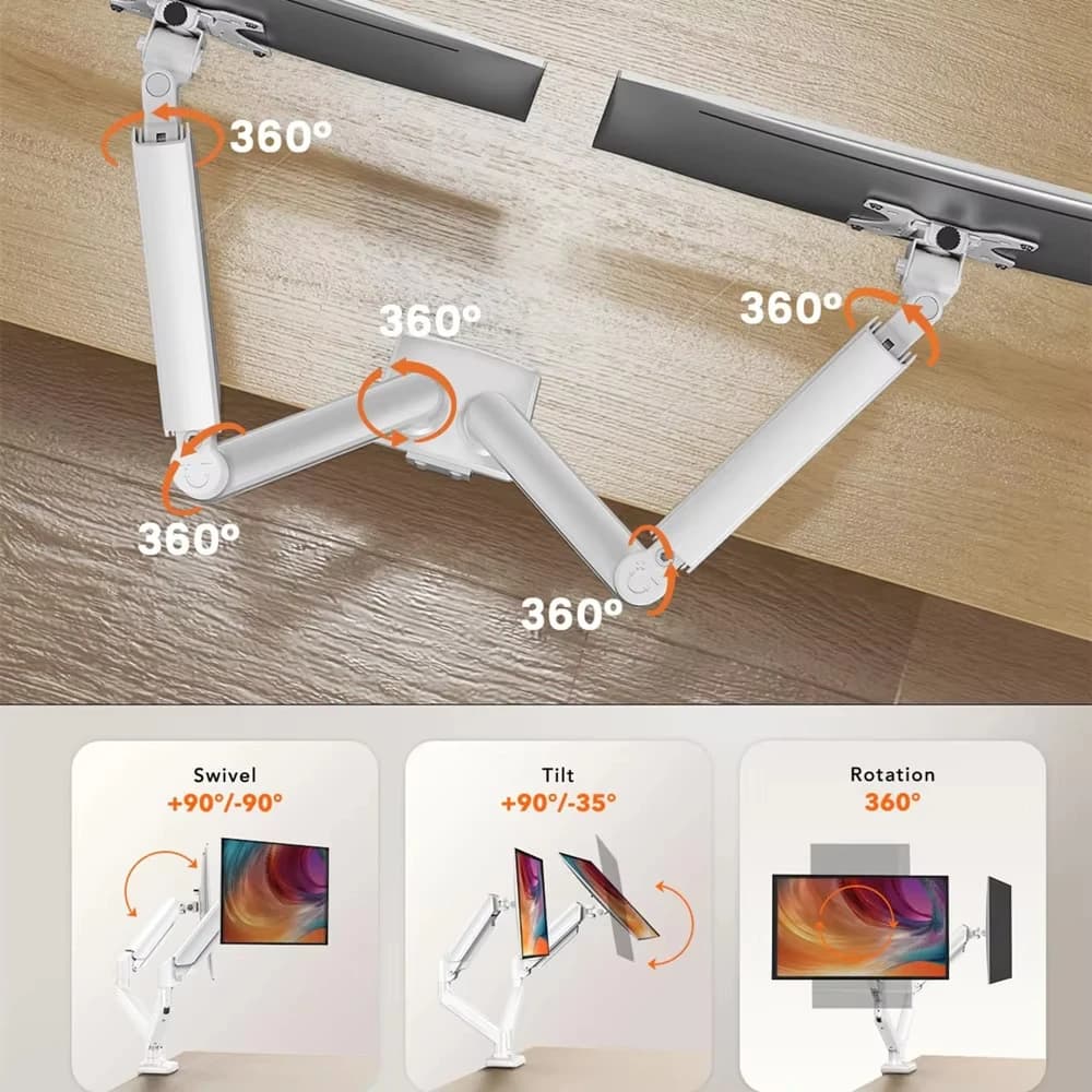 Support double écran pour écrans de 13″ à 32″, support double écran réglable, avec rotation à 180° °   Rotatif, inclinable, 360° °   Rotation pour le bureau à domicile