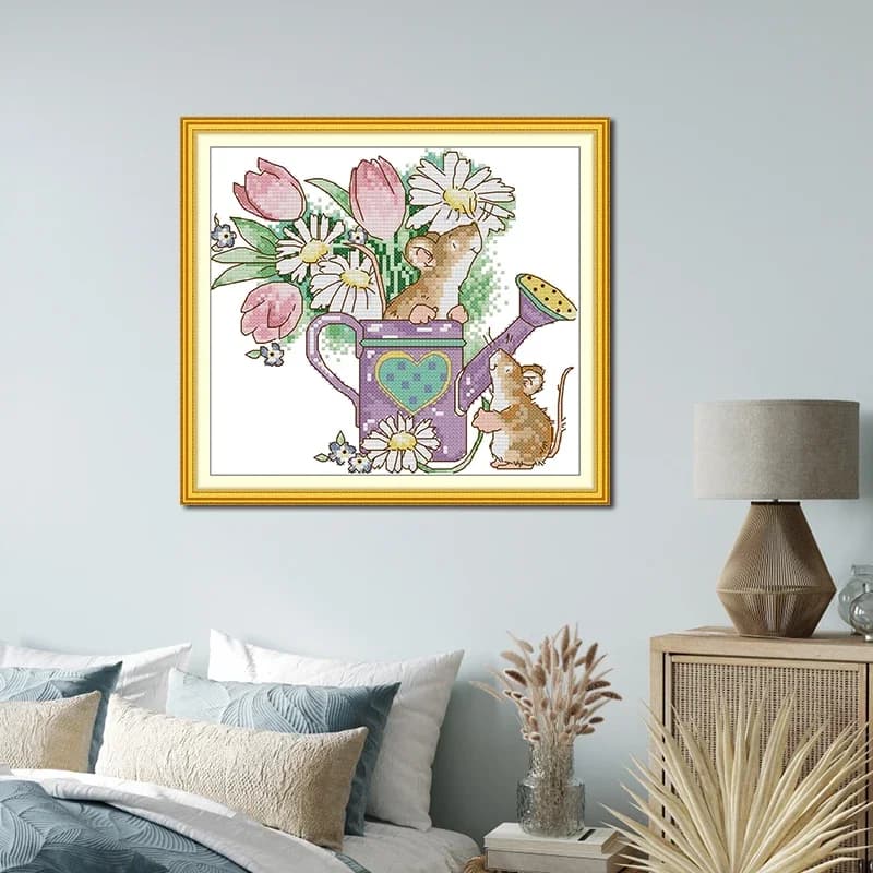 Bricolage broderie point de croix souris jardin aventure motif compté toile imprimée Aida 16CT 14CT 11CT travail manuel couture décor